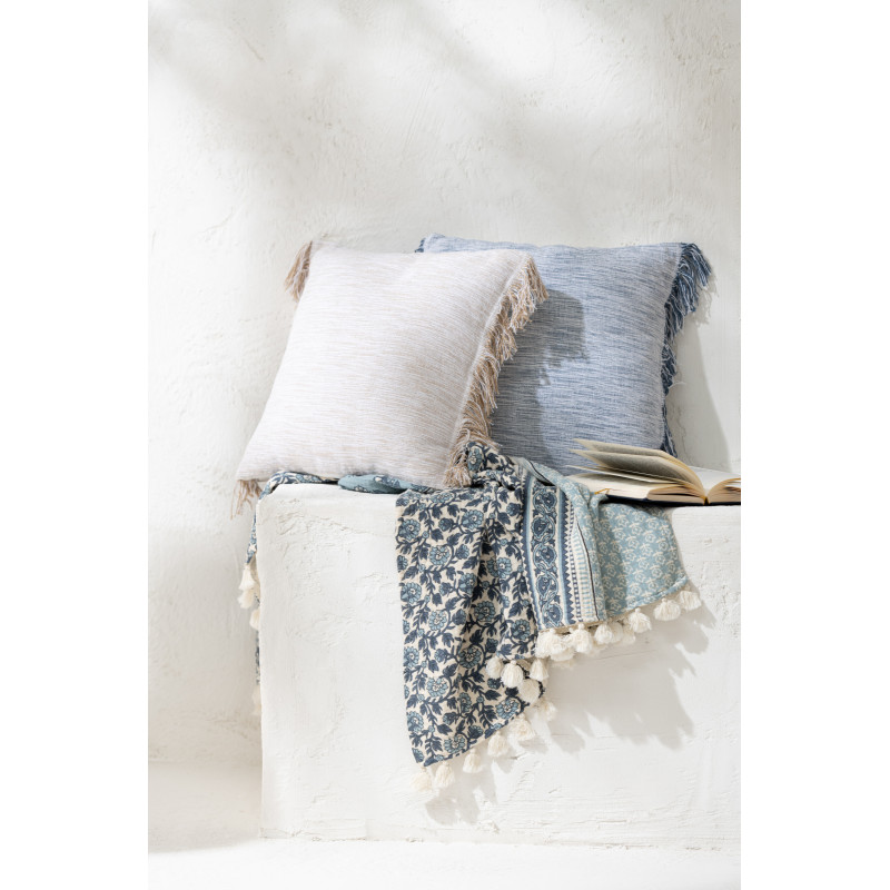 Coussin Carré 45x45 en Coton Bleu Blanc avec franges Siloni - 2