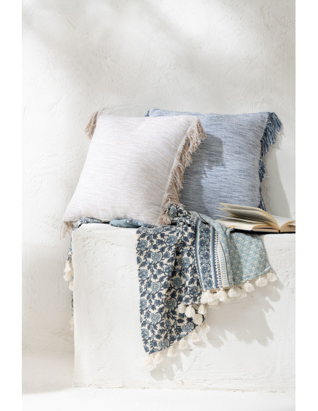 Coussin Carré 45x45 en Coton Bleu Blanc avec franges Siloni - 2