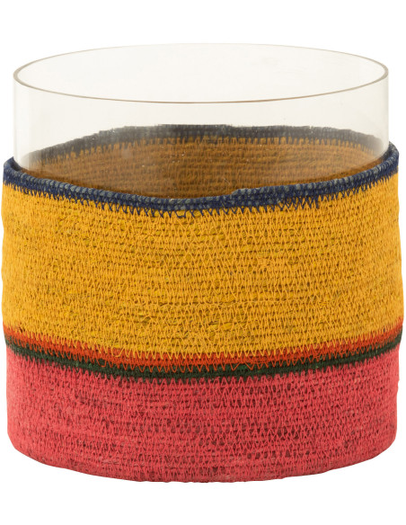 Photophore Rond XL Diamètre 20 cm en Jonc de mer Jaune Rose Verre Transparent Mahdi - 1