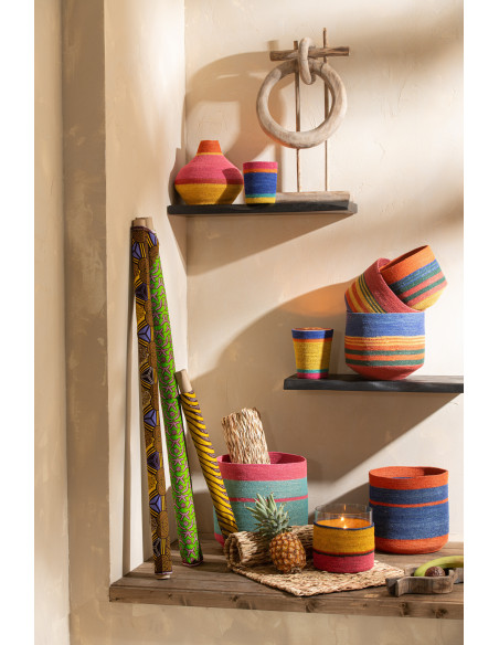 Photophore Rond XL Diamètre 20 cm en Jonc de mer Jaune Rose Verre Transparent Mahdi - 3