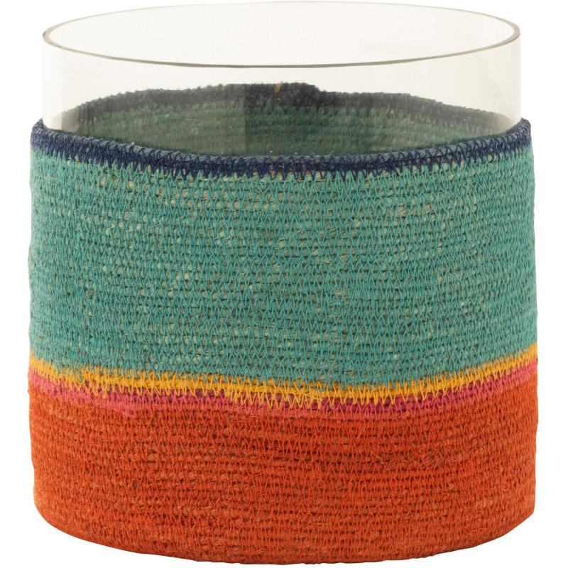 Photophore Rond XL Diamètre 20 cm en Jonc de mer Bleu cleir Orange Verre Transparent Mahdi - 1