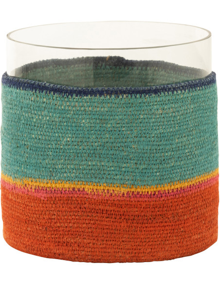 Photophore Rond XL Diamètre 20 cm en Jonc de mer Bleu cleir Orange Verre Transparent Mahdi - 1