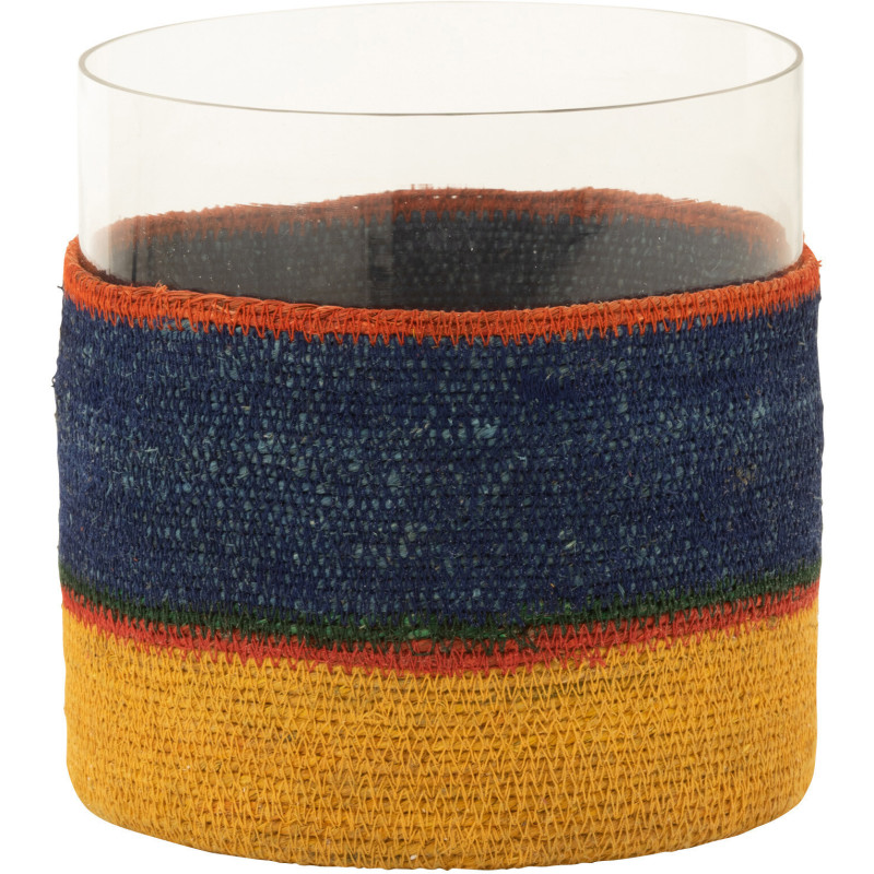 Photophore Rond XL Diamètre 20 cm en Jonc de mer Bleu foncé Jaune Verre Transparent Mahdi - 1