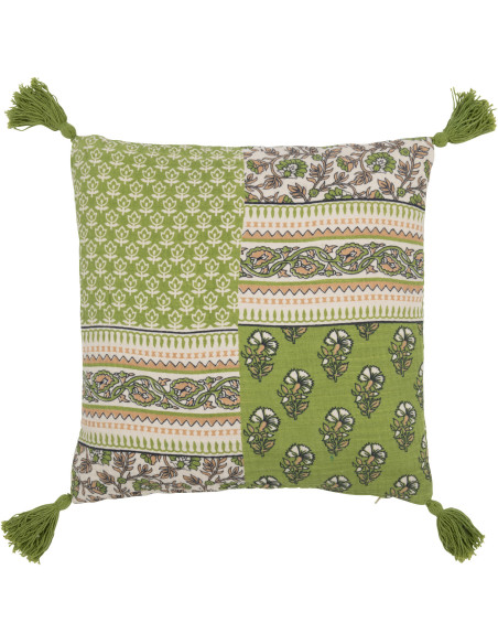 Coussin Carré 45x45 Patchwork en Coton Vert avec pompons Motif fleurs Patchyno - 1