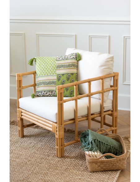 Coussin Carré 45x45 Patchwork en Coton Vert avec pompons Motif fleurs Patchyno - 2