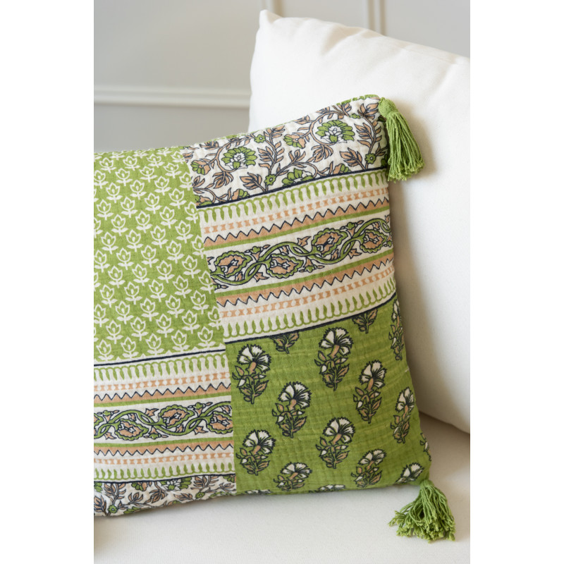 Coussin Carré 45x45 Patchwork en Coton Vert avec pompons Motif fleurs Patchyno - 5