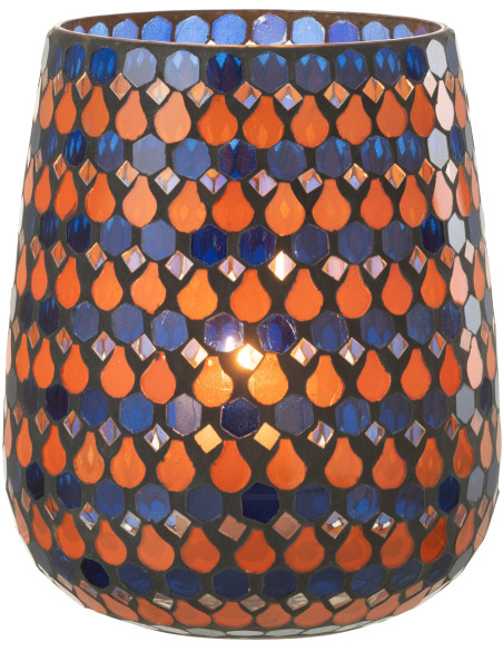 Photophore Ovale Diamètre 17 cm en Verre Bleu Orange Effet mosaïque Motif gouttes Pectino - 3
