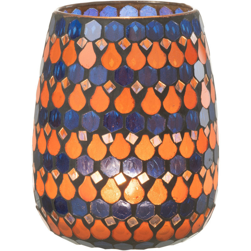 Photophore Ovale Diamètre 12 cm en Verre Bleu Orange Effet mosaïque Motif gouttes Pectino - 3