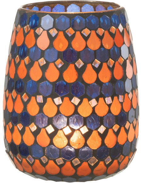 Photophore Ovale Diamètre 12 cm en Verre Bleu Orange Effet mosaïque Motif gouttes Pectino - 3
