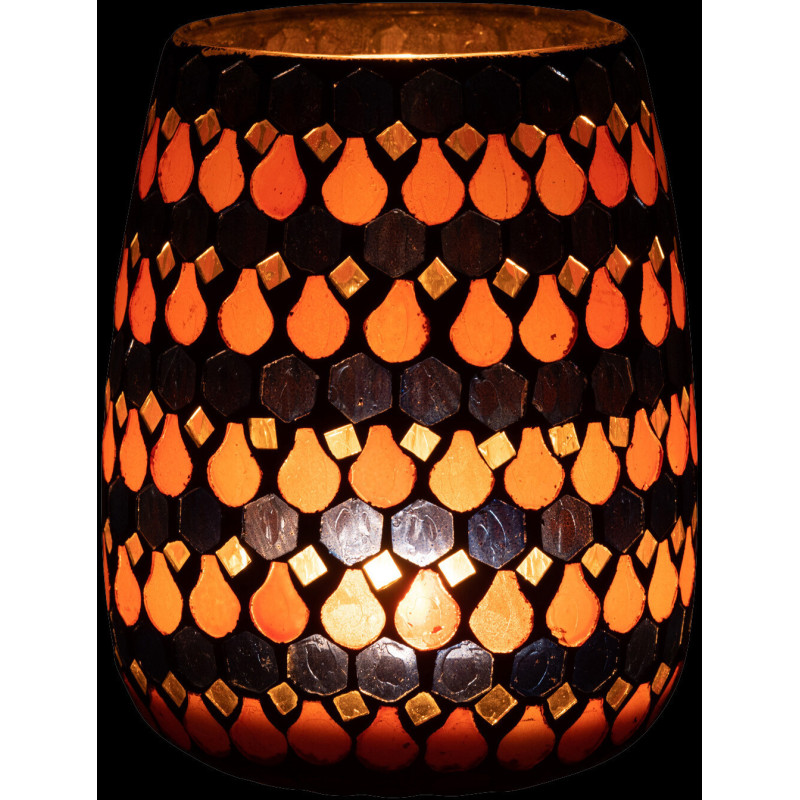 Photophore Ovale Diamètre 12 cm en Verre Bleu Orange Effet mosaïque Motif gouttes Pectino - 4