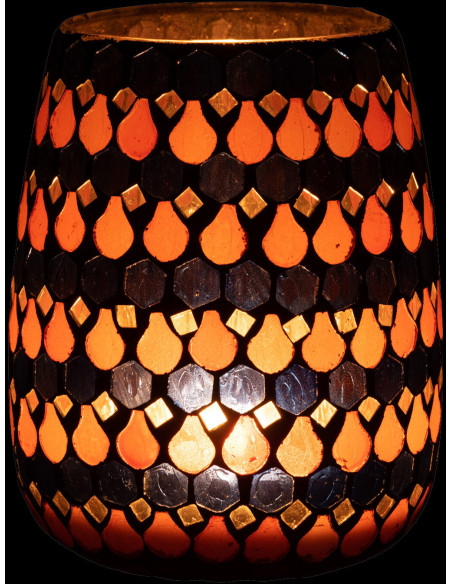 Photophore Ovale Diamètre 12 cm en Verre Bleu Orange Effet mosaïque Motif gouttes Pectino - 4