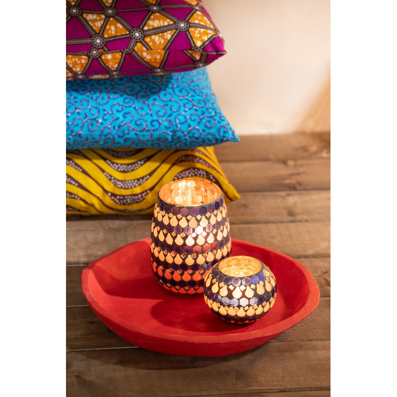 Photophore Ovale Diamètre 12 cm en Verre Bleu Orange Effet mosaïque Motif gouttes Pectino - 5