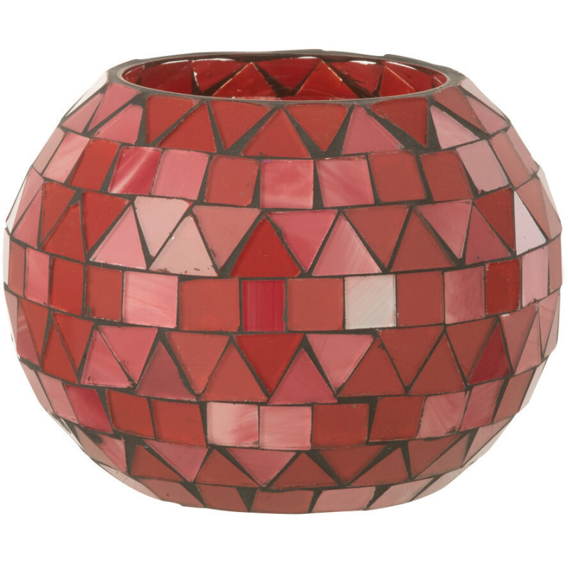 Photophore Rond Diamètre 10 cm en Verre Rouge Rose Effet mosaïque Motif triangles Volubi - 1