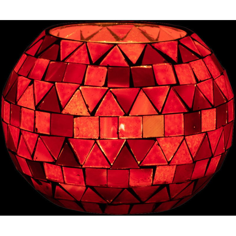 Photophore Rond Diamètre 10 cm en Verre Rouge Rose Effet mosaïque Motif triangles Volubi - 4
