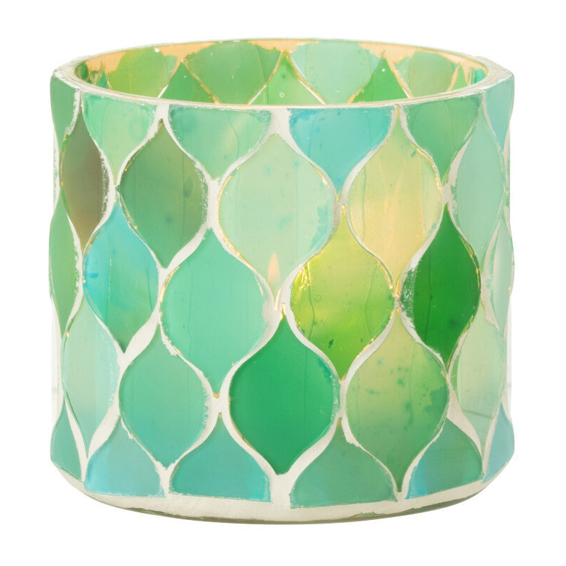Photophore Cylindrique Diamètre 7 cm en Verre Vert Bleu Effet mosaïque Motif losanges Fira J-Line - 2