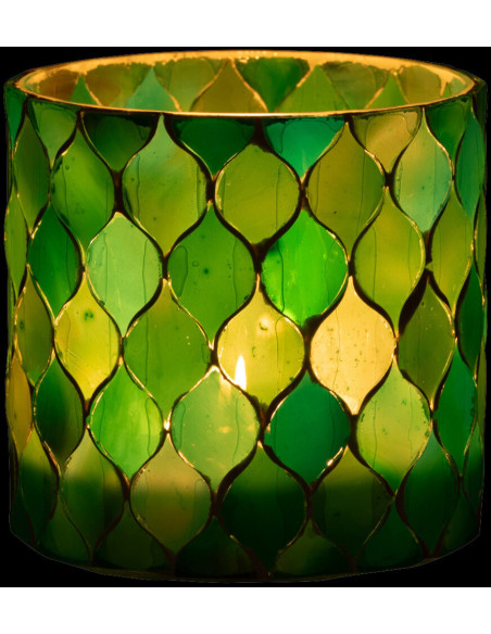 Photophore Cylindrique Diamètre 10 cm en Verre Vert Bleu Effet mosaïque Motif losanges Fira - 3
