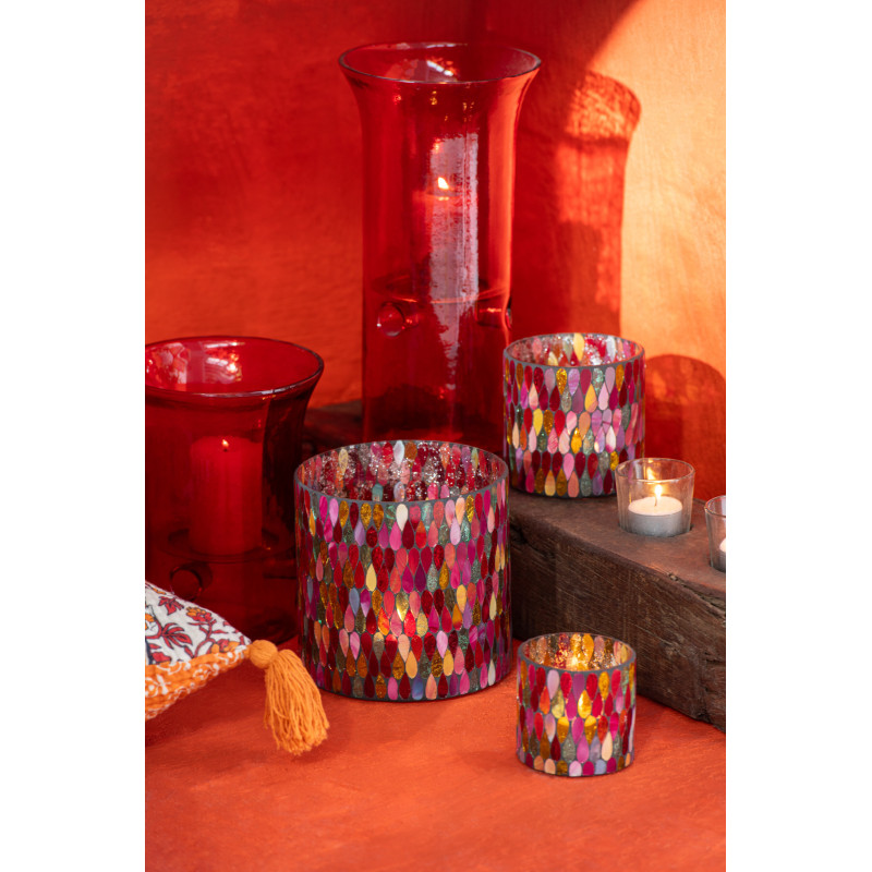 Photophore Cylindrique Diamètre 10 cm en Verre Effet mosaïque Motif gouttes Alverni - 5