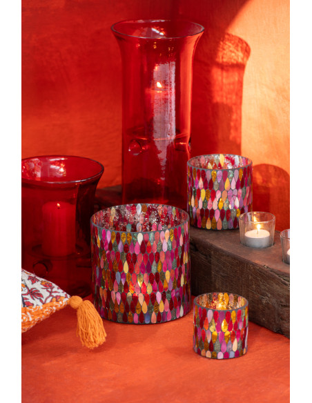 Photophore Cylindrique Diamètre 10 cm en Verre Effet mosaïque Motif gouttes Alverni - 5