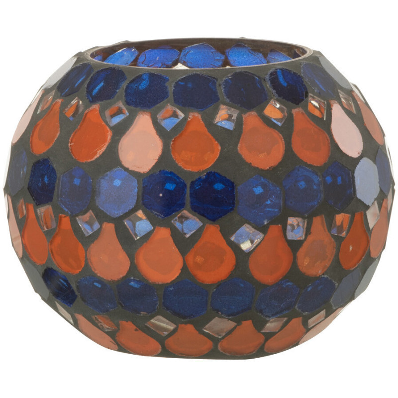 Photophore Rond Diamètre 10 cm en Verre Bleu Orange Effet mosaïque Motif gouttes Pectino - 1