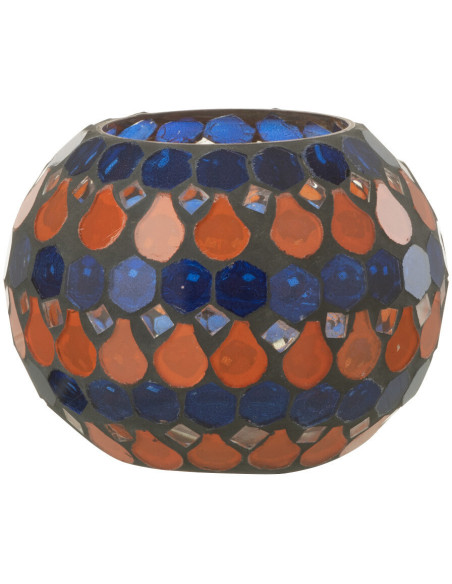 Photophore Rond Diamètre 10 cm en Verre Bleu Orange Effet mosaïque Motif gouttes Pectino - 1