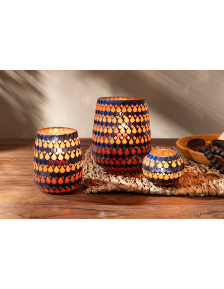 Photophore Rond Diamètre 10 cm en Verre Bleu Orange Effet mosaïque Motif gouttes Pectino - 2