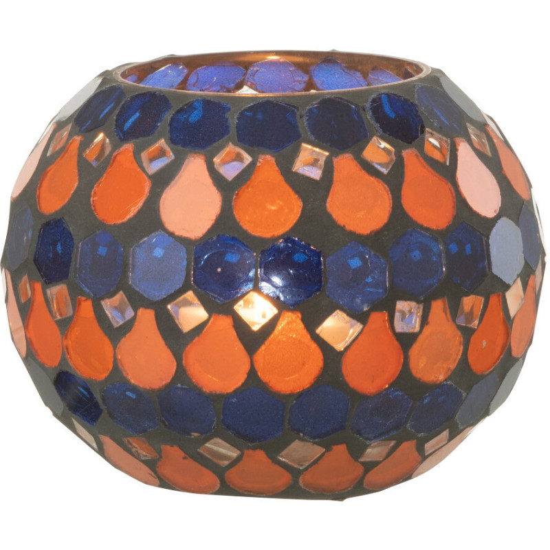 Photophore Rond Diamètre 10 cm en Verre Bleu Orange Effet mosaïque Motif gouttes Pectino - 3