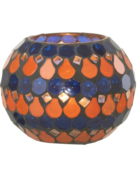 Photophore Rond Diamètre 10 cm en Verre Bleu Orange Effet mosaïque Motif gouttes Pectino - 3