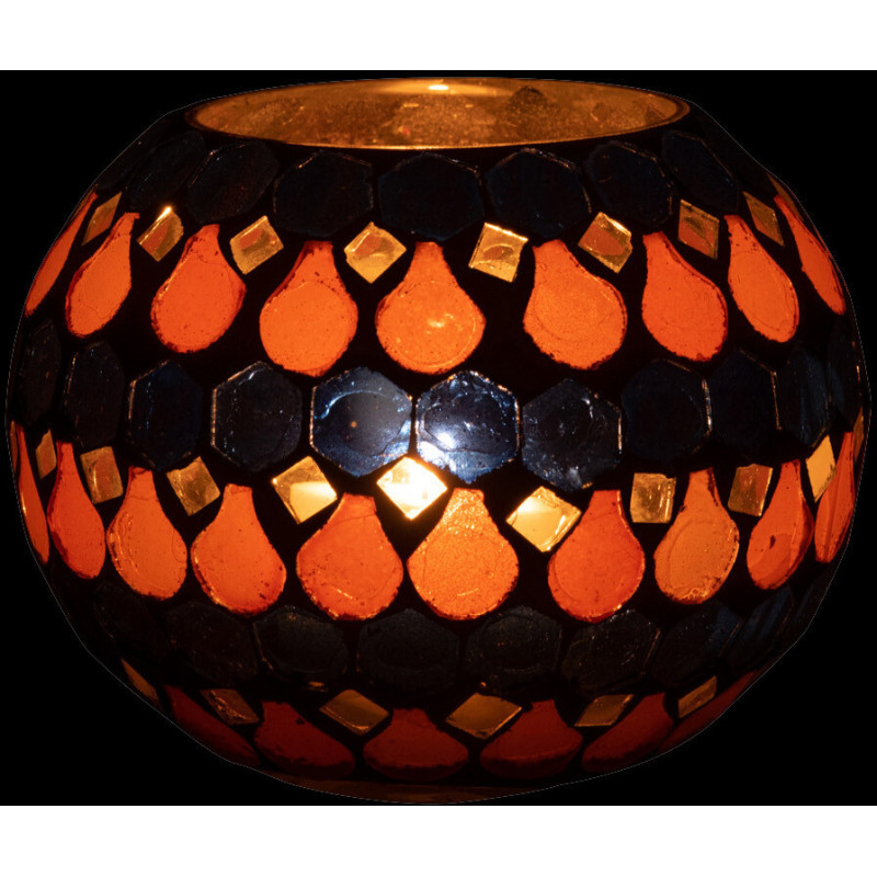 Photophore Rond Diamètre 10 cm en Verre Bleu Orange Effet mosaïque Motif gouttes Pectino - 4