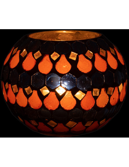 Photophore Rond Diamètre 10 cm en Verre Bleu Orange Effet mosaïque Motif gouttes Pectino - 4