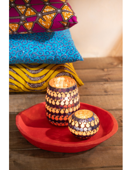 Photophore Rond Diamètre 10 cm en Verre Bleu Orange Effet mosaïque Motif gouttes Pectino - 5