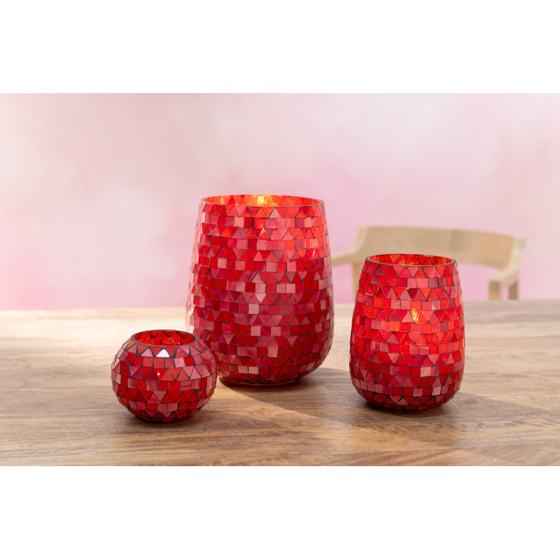 Photophore Ovale Diamètre 17 cm en Verre Rouge Rose Effet mosaïque Motif triangles Volubi - 2