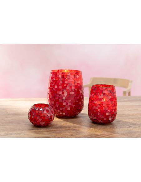 Photophore Ovale Diamètre 17 cm en Verre Rouge Rose Effet mosaïque Motif triangles Volubi - 2