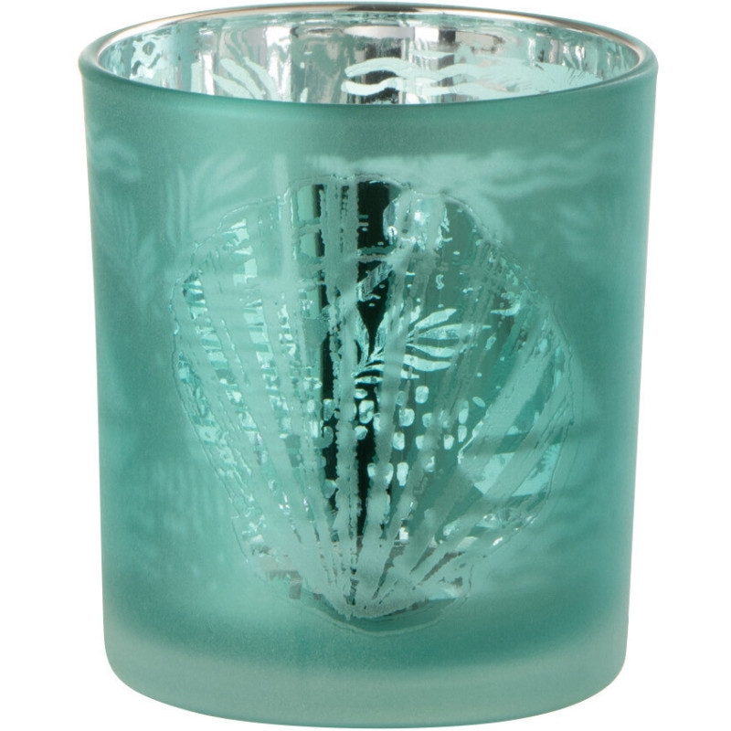 Photophore Cylindrique Diamètre 7 cm en Verre Bleu Argenté Motif coquillage Laut - 1