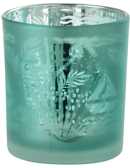 Photophore Cylindrique Diamètre 7 cm en Verre Bleu Argenté Motif coquillage Laut - 1