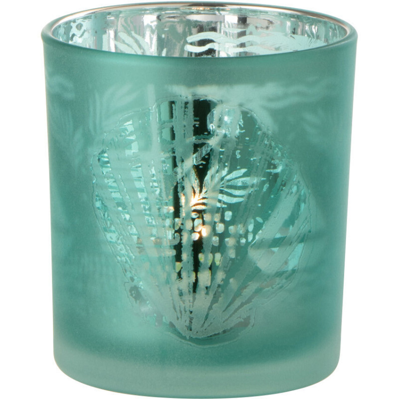 Photophore Cylindrique Diamètre 7 cm en Verre Bleu Argenté Motif coquillage Laut - 2