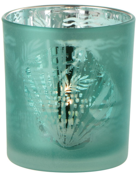 Photophore Cylindrique Diamètre 7 cm en Verre Bleu Argenté Motif coquillage Laut - 2