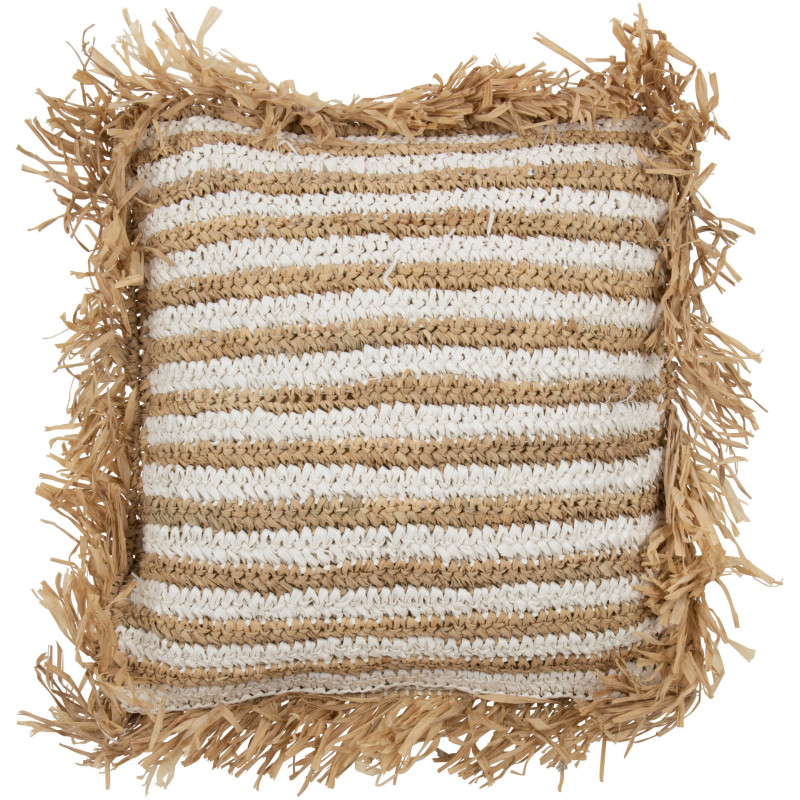 Coussin Carré 45x45 en Raphia Naturel Blanc avec franges Motif rayures Mendong - 1