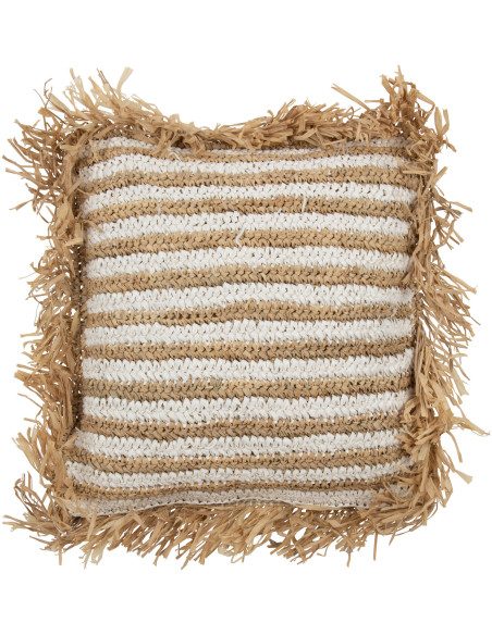 Coussin Carré 45x45 en Raphia Naturel Blanc avec franges Motif rayures Mendong - 1