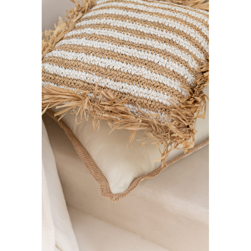 Coussin Carré 45x45 en Raphia Naturel Blanc avec franges Motif rayures Mendong - 2