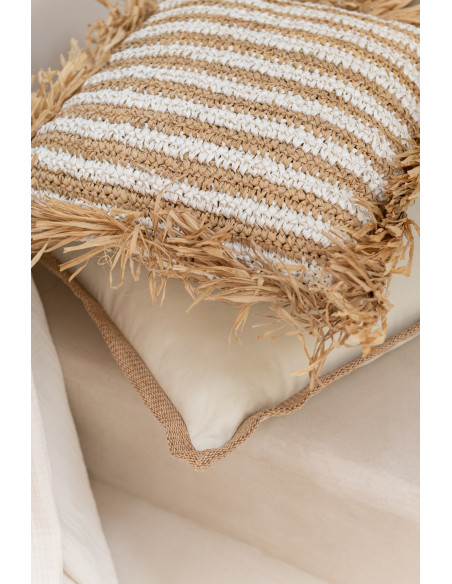 Coussin Carré 45x45 en Raphia Naturel Blanc avec franges Motif rayures Mendong - 2