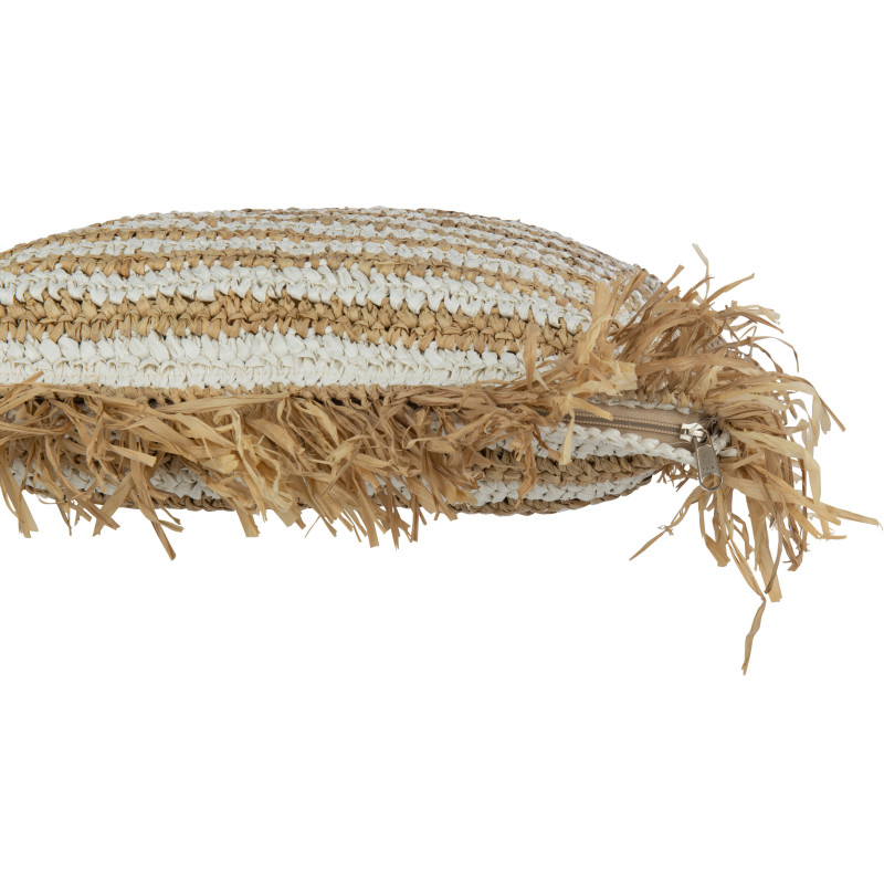 Coussin Carré 45x45 en Raphia Naturel Blanc avec franges Motif rayures Mendong - 3