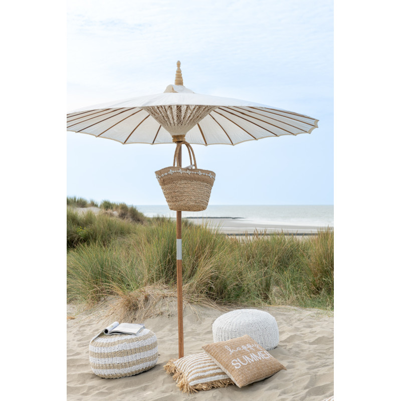 Coussin Carré 45x45 en Raphia Naturel Blanc avec franges Motif rayures Mendong - 5