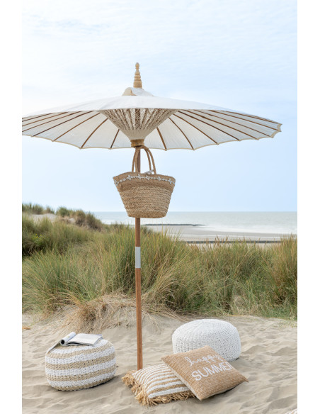 Coussin Carré 45x45 en Raphia Naturel Blanc avec franges Motif rayures Mendong - 5