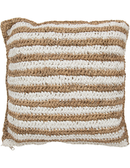Coussin Carré 45x45 en Raphia Naturel Blanc Motif rayures Mendong - 1