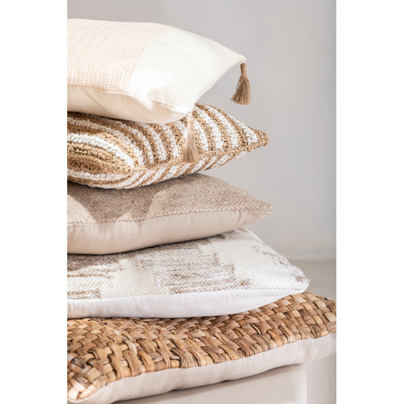 Coussin Carré 45x45 en Raphia Naturel Blanc Motif rayures Mendong - 2