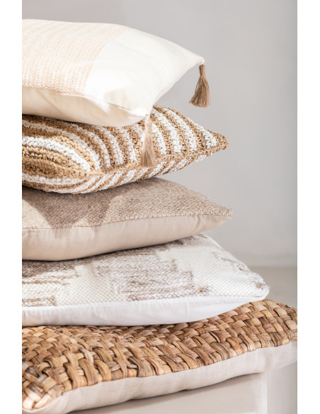 Coussin Carré 45x45 en Raphia Naturel Blanc Motif rayures Mendong - 2