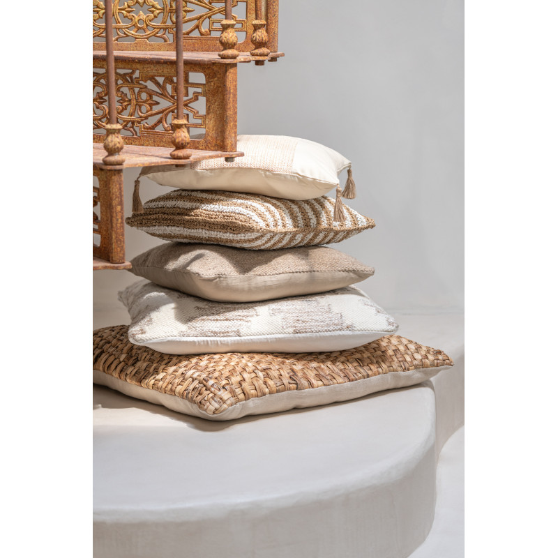 Coussin Carré 45x45 en Raphia Naturel Blanc Motif rayures Mendong - 4