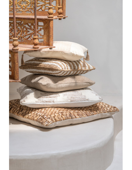 Coussin Carré 45x45 en Raphia Naturel Blanc Motif rayures Mendong - 4