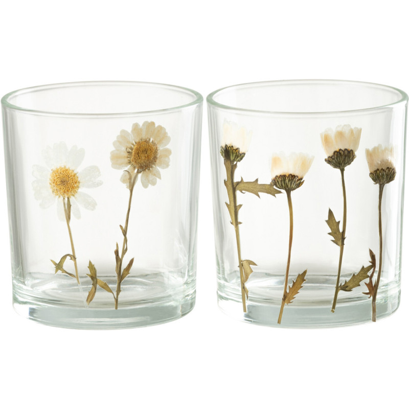 Photophore Cylindrique Diamètre 7 cm en Verre Transparent Motif marguerites Chrysan (Lot de 2) - 1