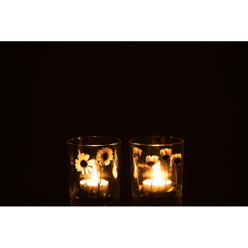 Photophore Cylindrique Diamètre 7 cm en Verre Transparent Motif marguerites Chrysan (Lot de 2) - 3